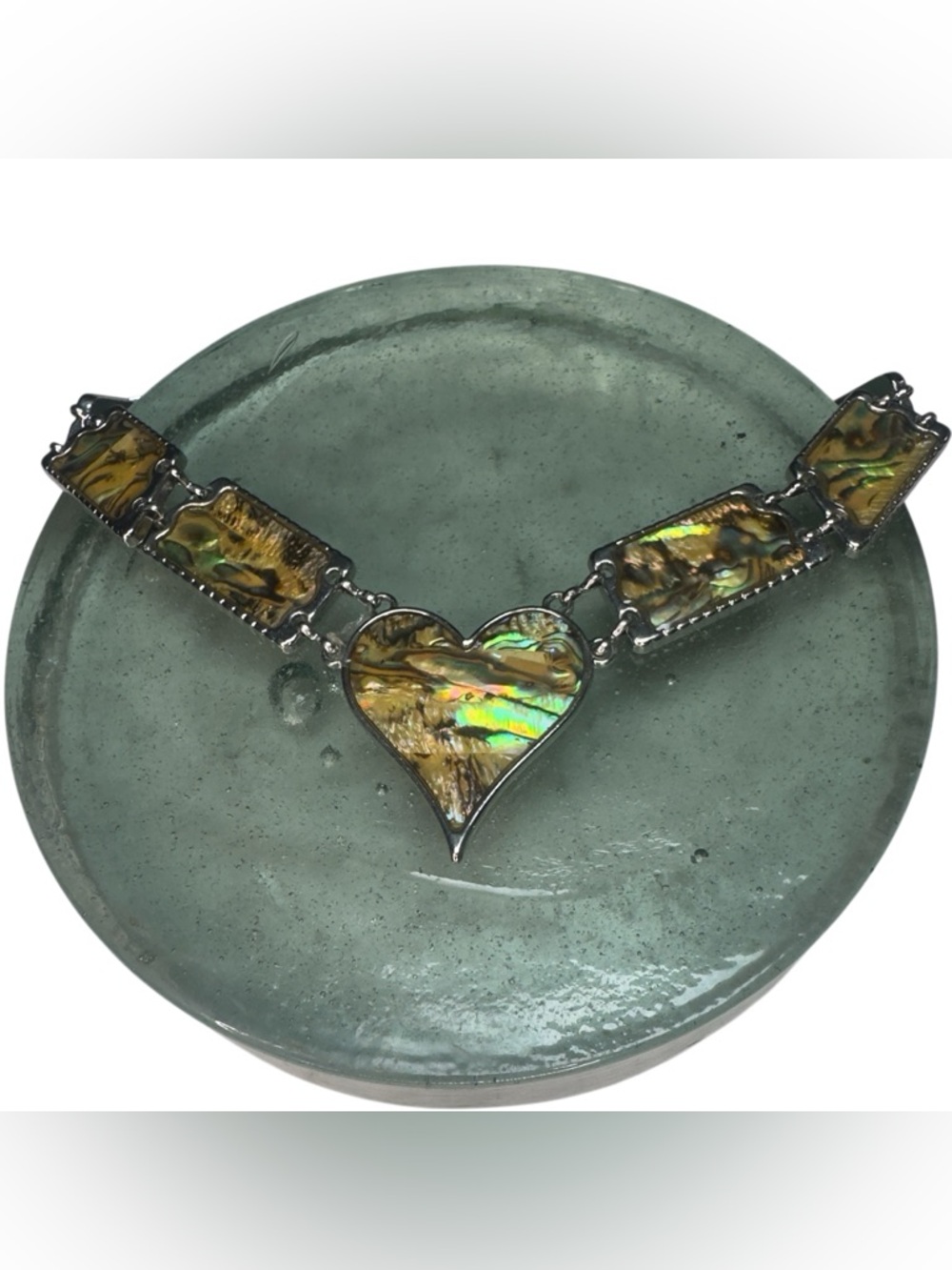 VTG Abalone Heart Pendant Necklace Iridescent Mermaidcore Ocean Hues SilverTone - Picture 2 of 8